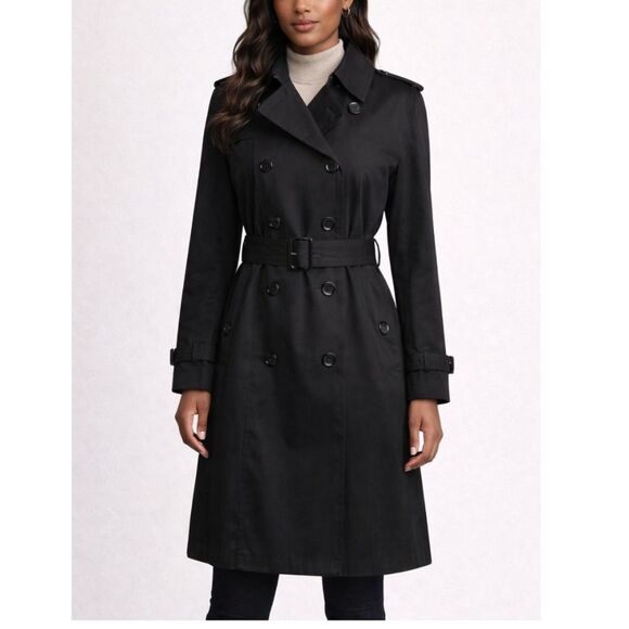Burberry Brit Trench Coat Women’s Small Black Belted Double Breasted Classic